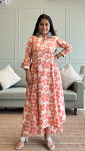 Kriva - Peach Floral Kali Kurta In Cotton
