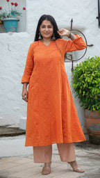 Urja Hand Woven Golden Zari Motif Kali Cotton Kurta - Orange