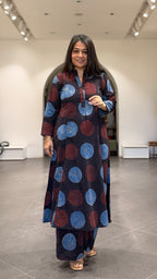 Zohra Ajrakh Cotton Hand Block Kurta Set- Black Polka Dots