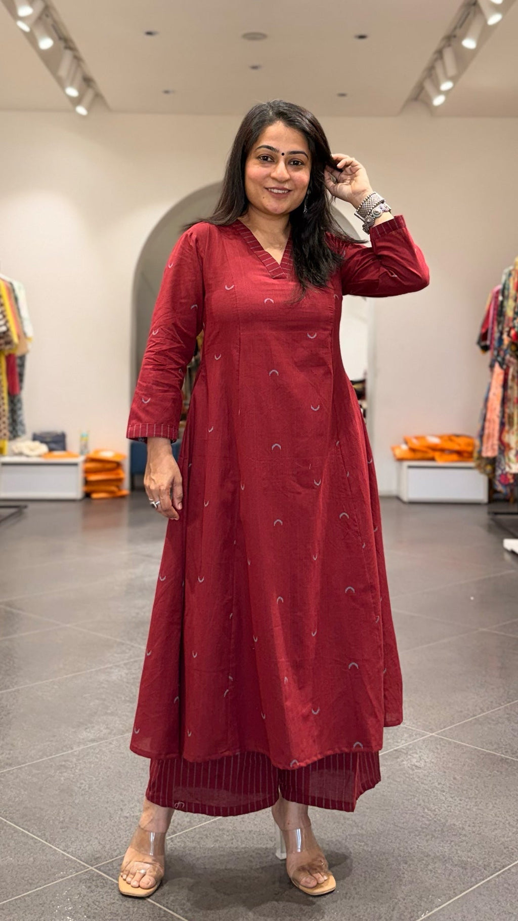 Maroon Chand Hand Woven Kali Kurta In Cotton