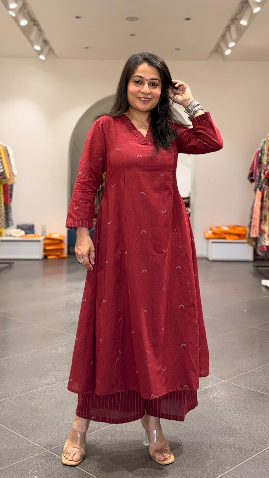 Maroon Chand Hand Woven Kali Kurta In Cotton