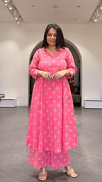 Taasha Cotton Hand Block Kurta Set- Baby Pink