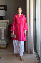 Rani Pink Jamdani Short Kurta with Pleated White Pyjama