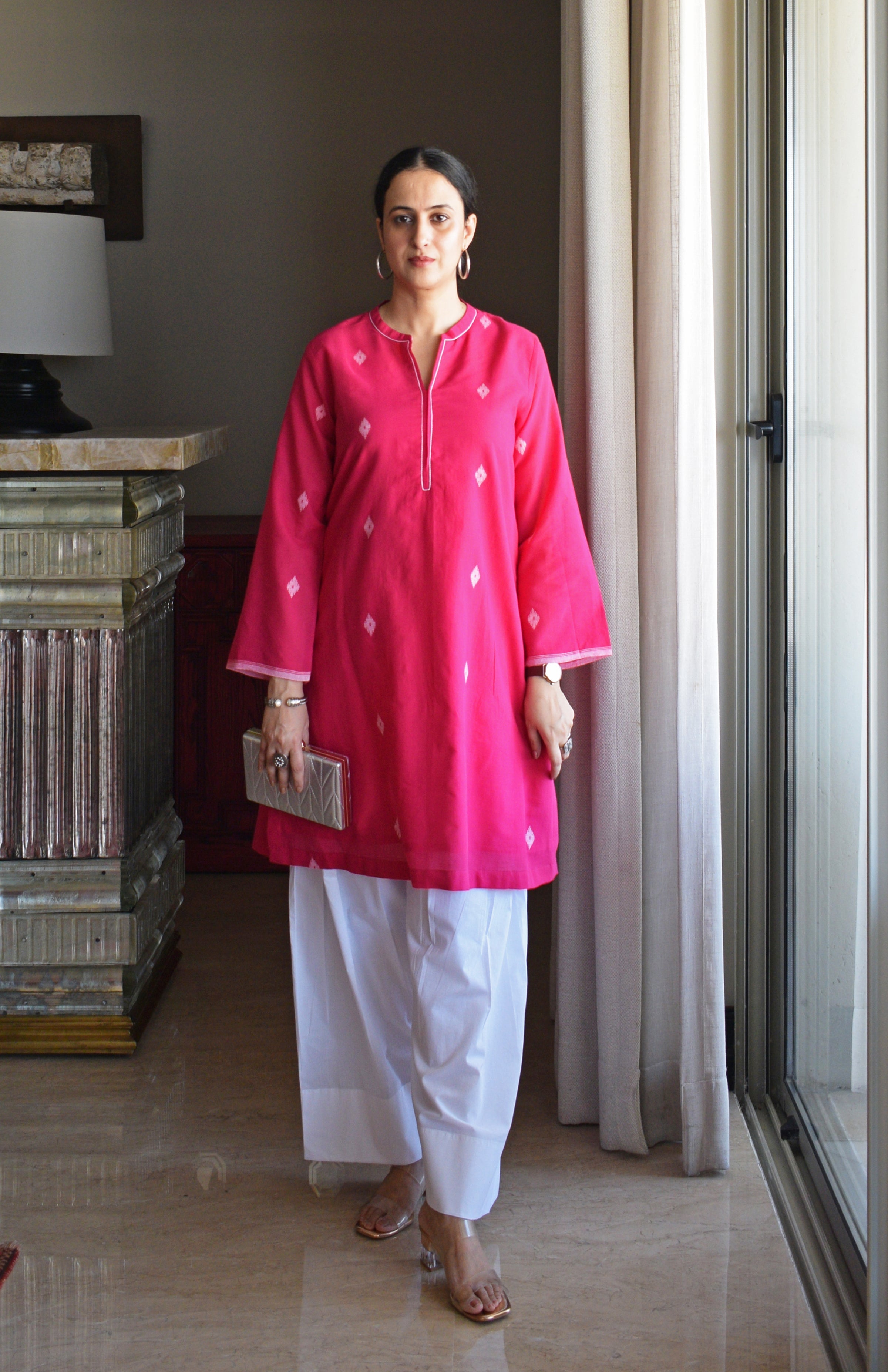 Rani Pink Jamdani Short Kurta with Pleated White Pyjama