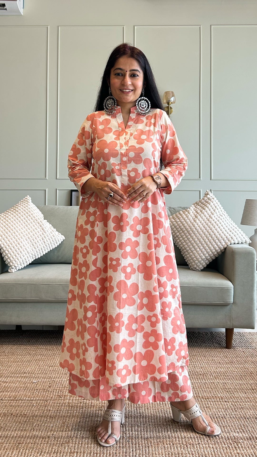 Kriva - Peach Floral Kali Kurta In Cotton