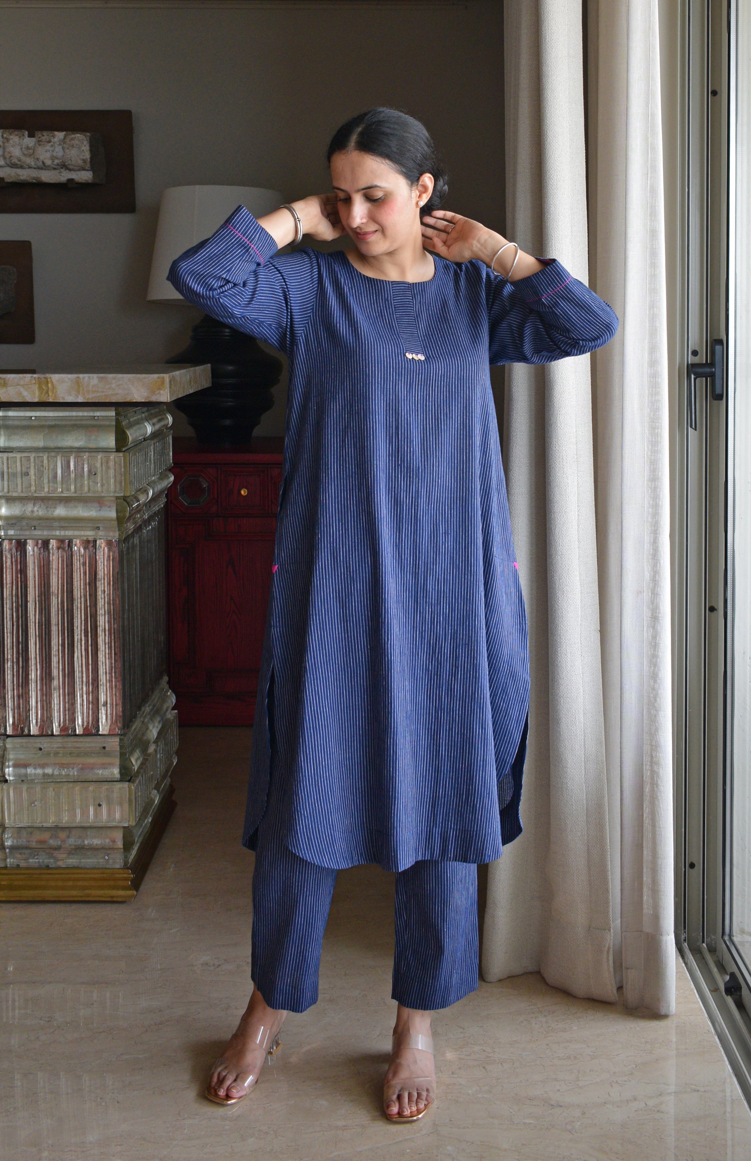 Navy Blue Striped Co-ord Set in Handwoven Cotton