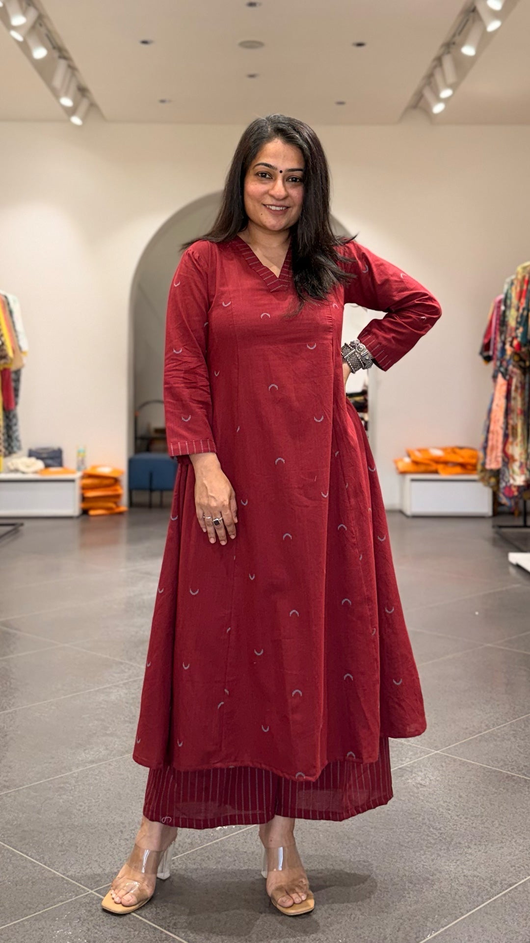 Maroon Chand Hand Woven Kali Kurta In Cotton