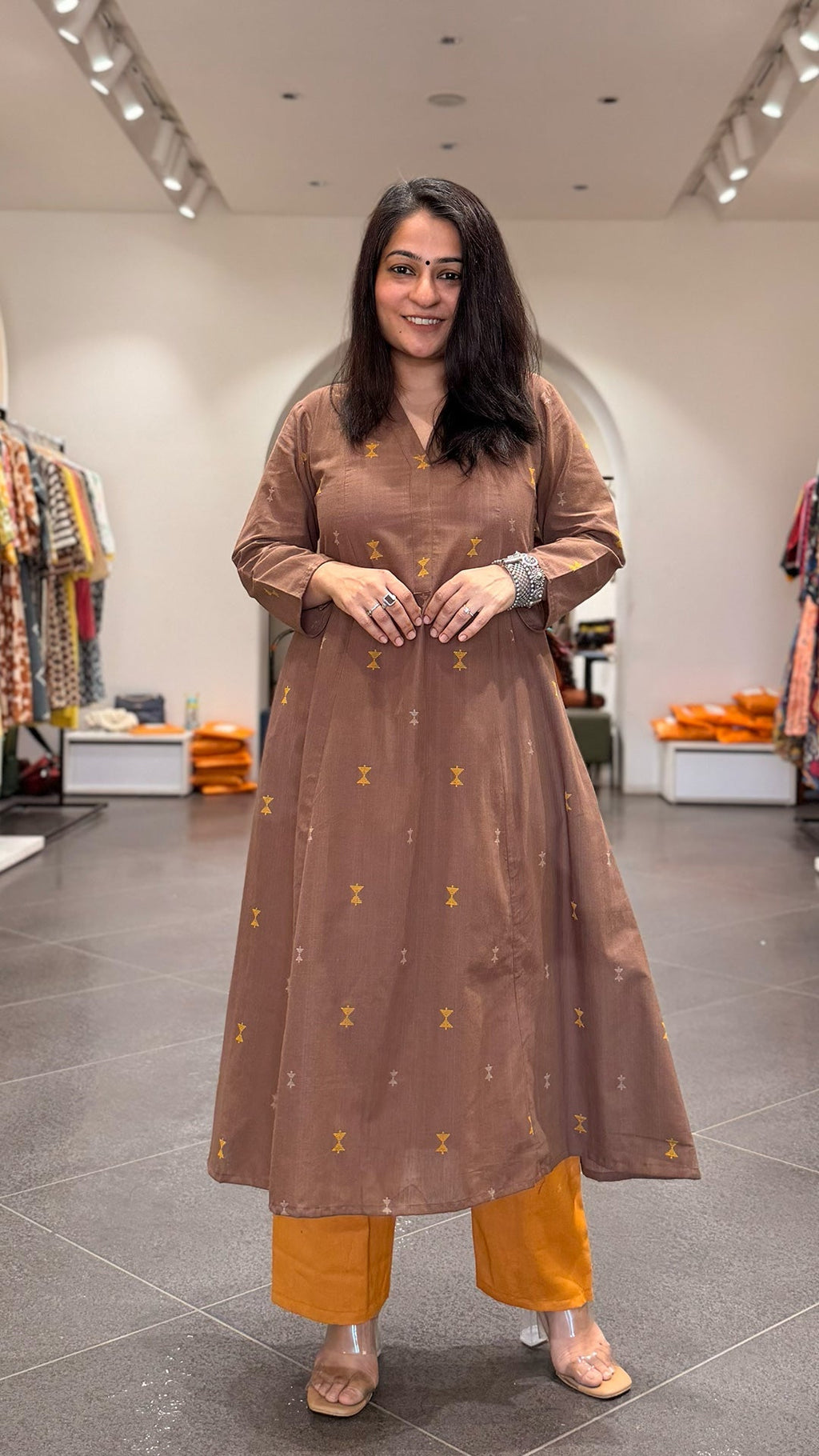 Amirah Hand Woven Kali Kurta In Cotton - Brown