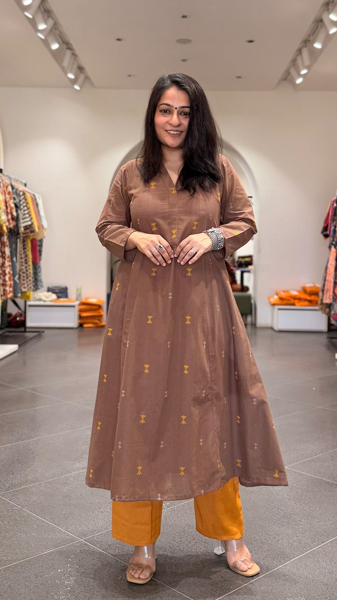 Amirah Hand Woven Kali Kurta In Cotton - Brown