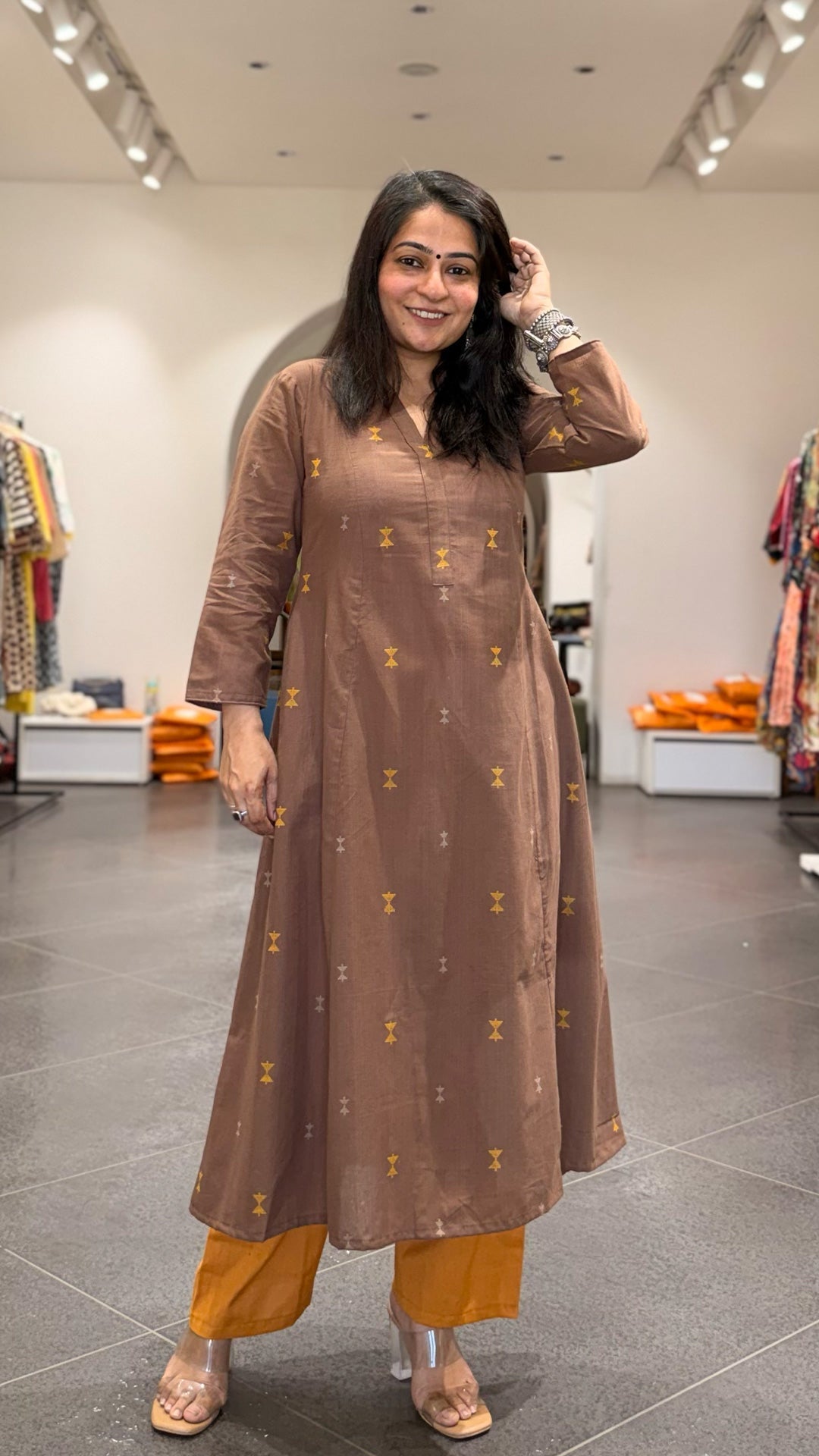 Amirah Hand Woven Kali Kurta In Cotton - Brown