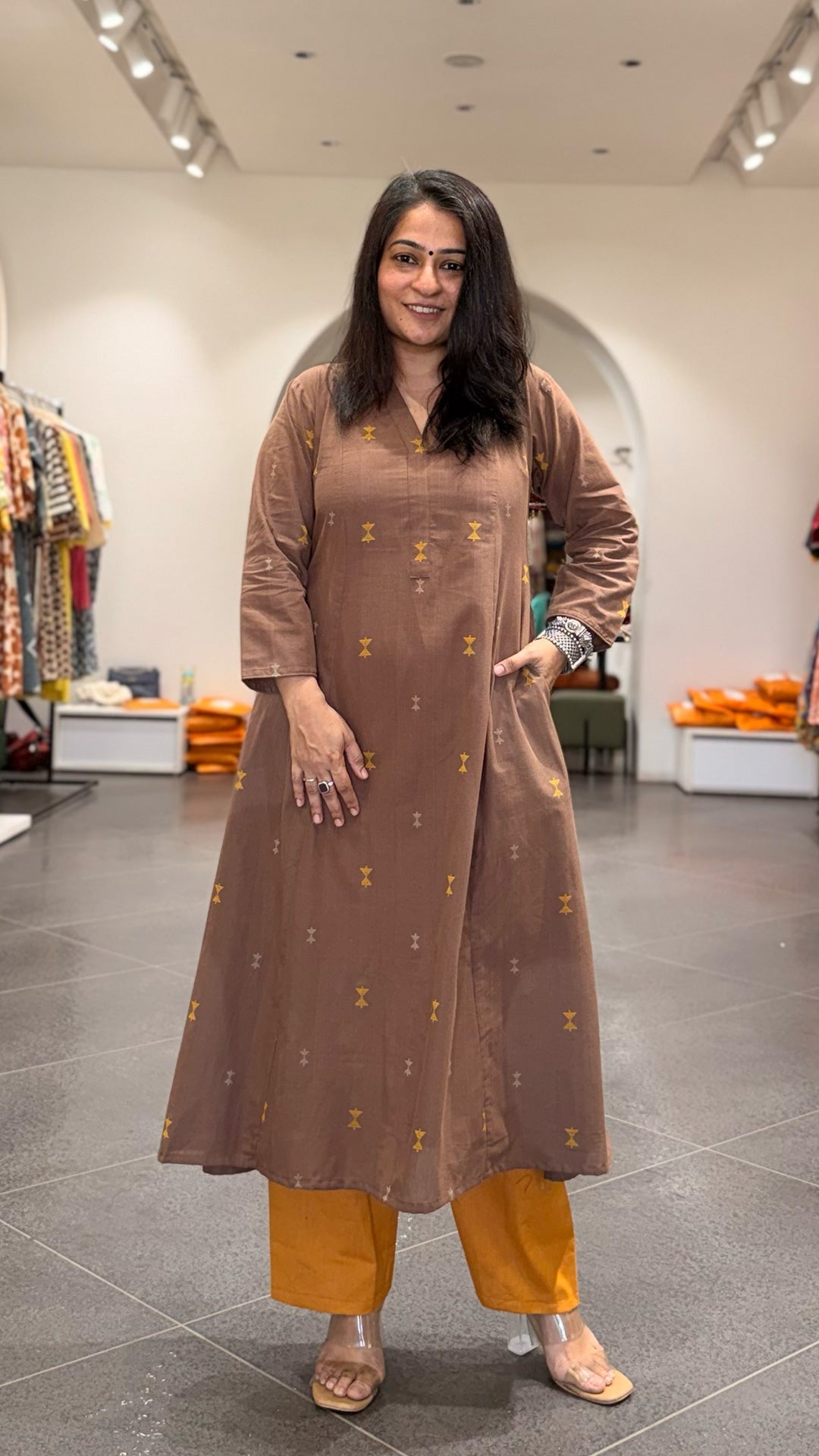 Amirah Hand Woven Kali Kurta In Cotton - Brown