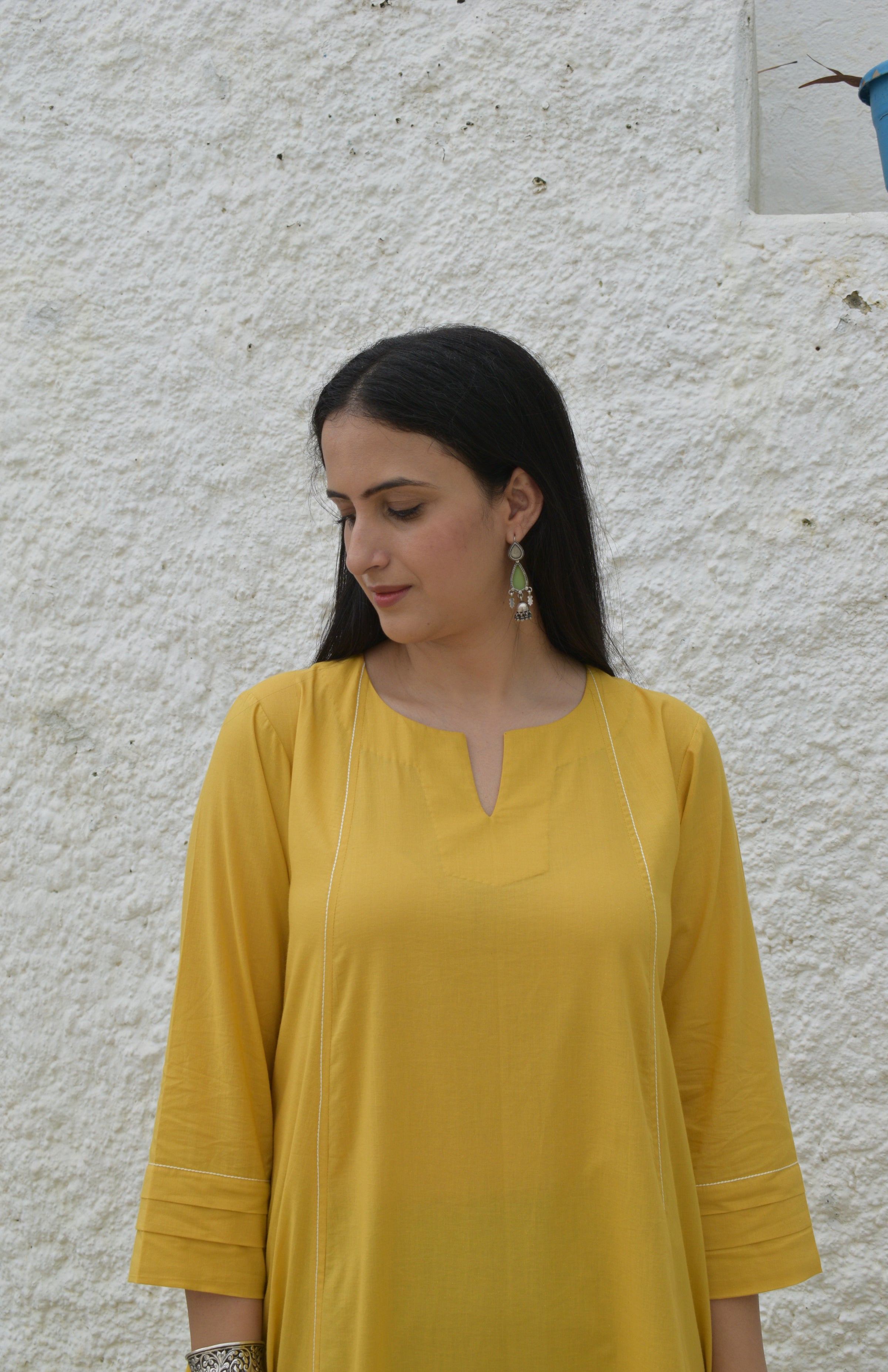 Yellow A line Cotton Kurta with Panels and yellow pajama