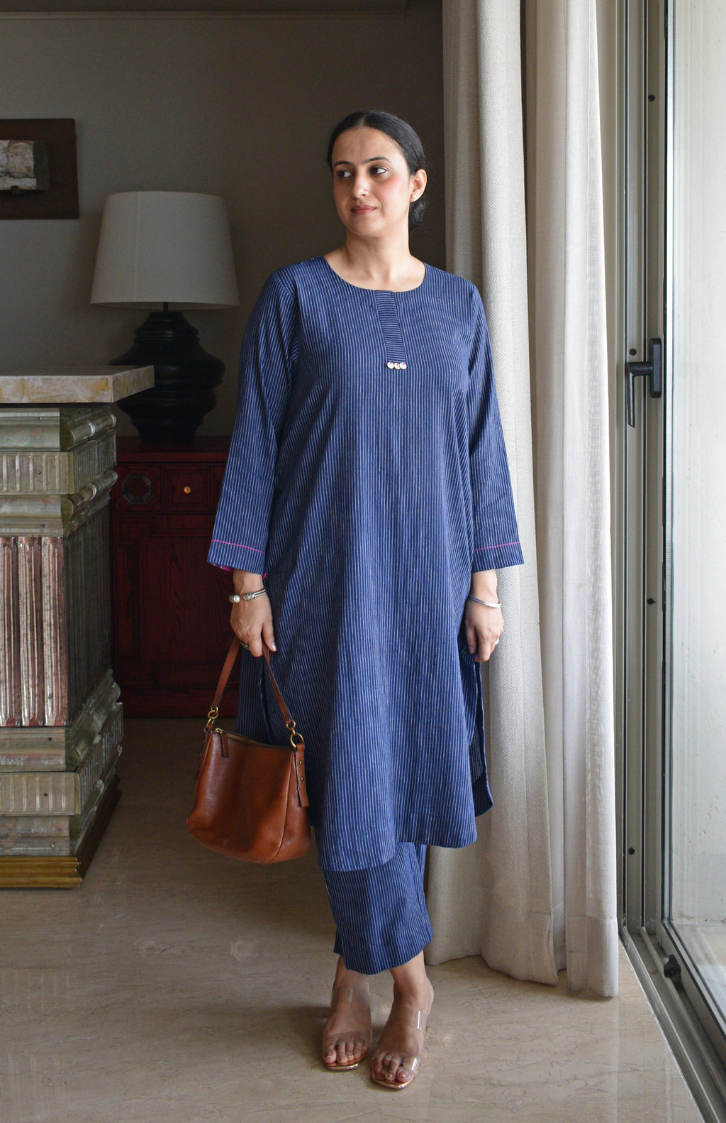 Navy Blue Striped Co-ord Set in Handwoven Cotton