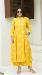 Yellow Polka Dots Kali Kurta In Cotton