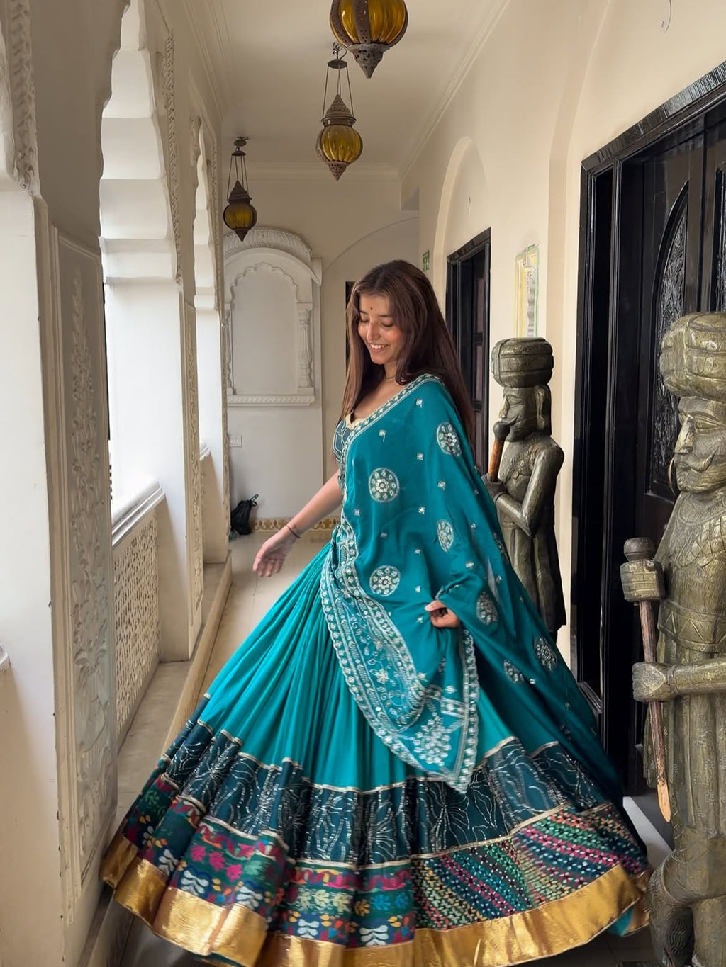 Turquoise Floral & Bandhani Print Festive Lehenga Choli
