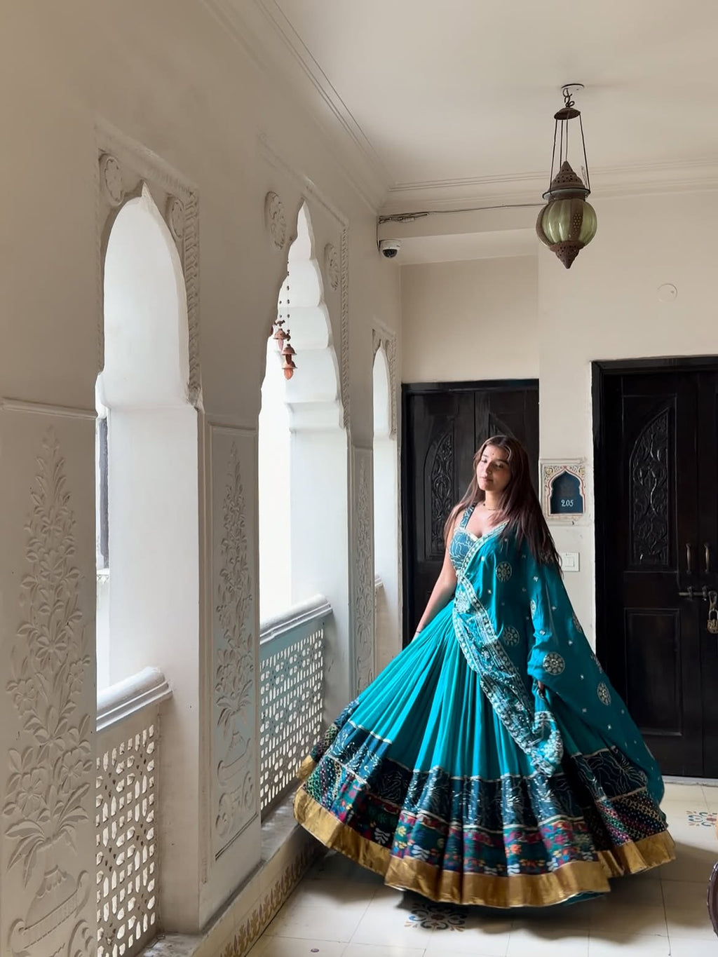 Turquoise Floral & Bandhani Print Festive Lehenga Choli