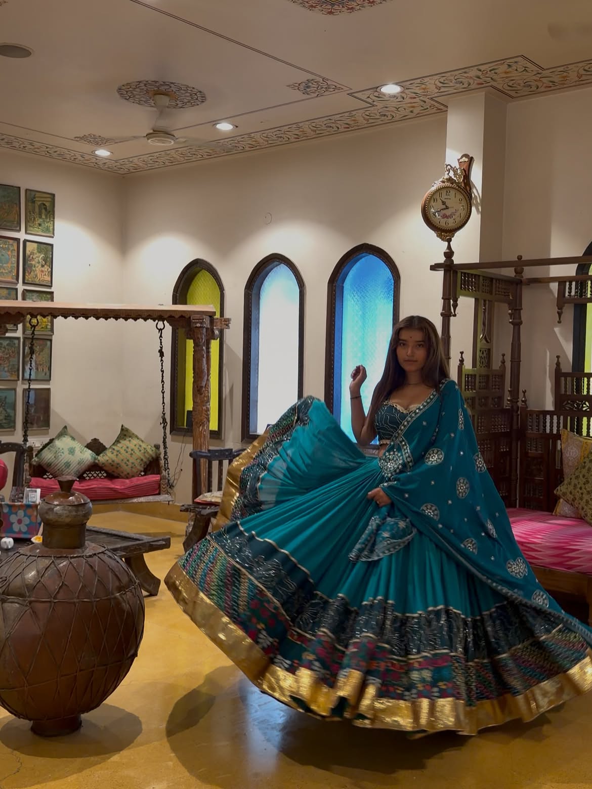 Turquoise Floral & Bandhani Print Festive Lehenga Choli