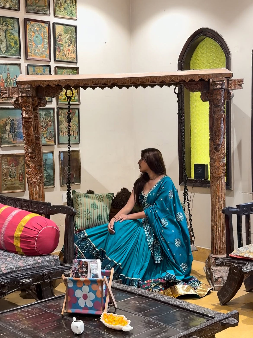 Turquoise Floral & Bandhani Print Festive Lehenga Choli