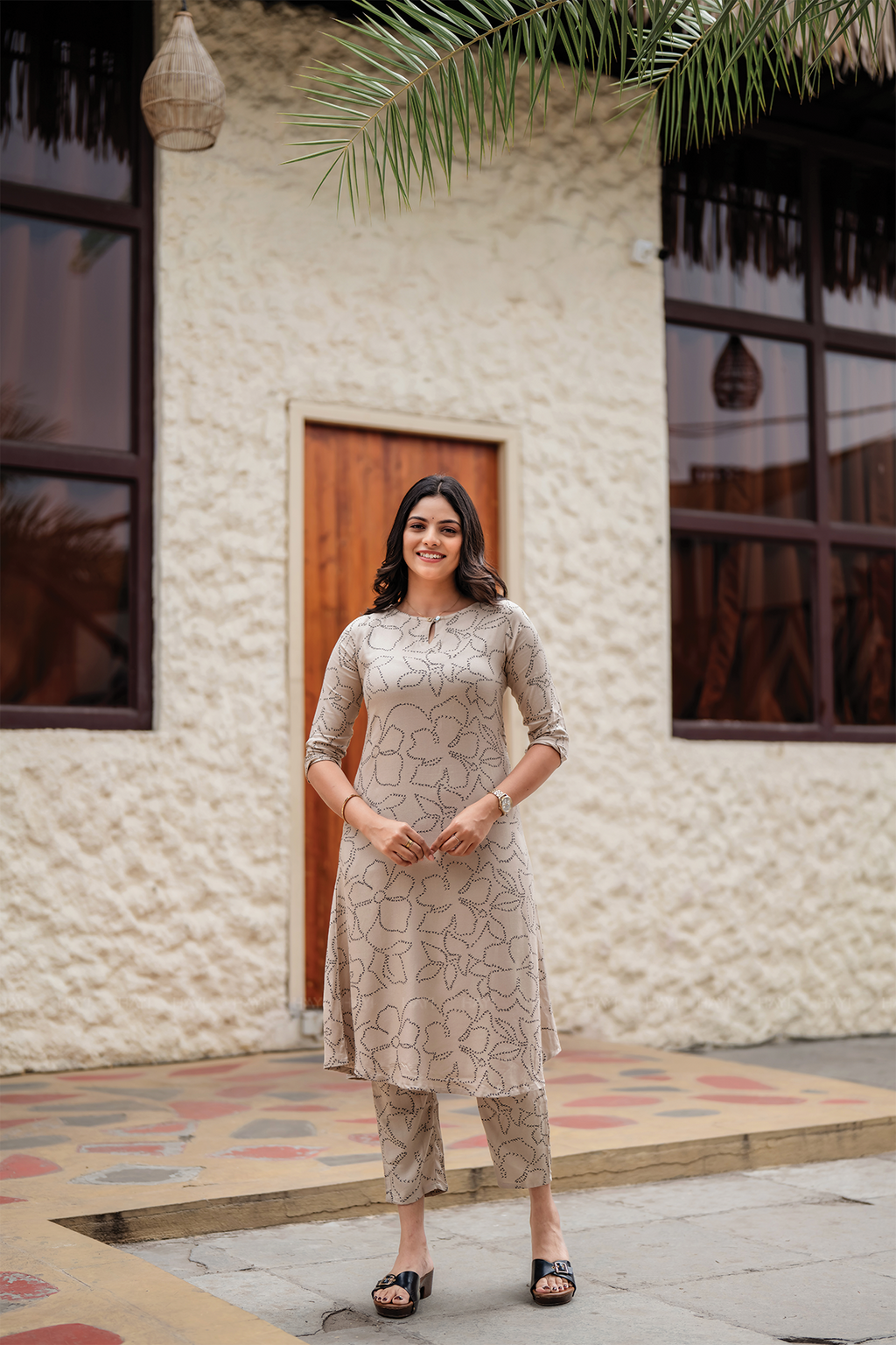 Beige Breeze Viscose Co-ord with Boat Neck with Keyhole & 3/4th Sleeves