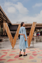 Floral Mirage Blue Viscose Co-ord with Curved V-Neckline & 3/4th Sleeves