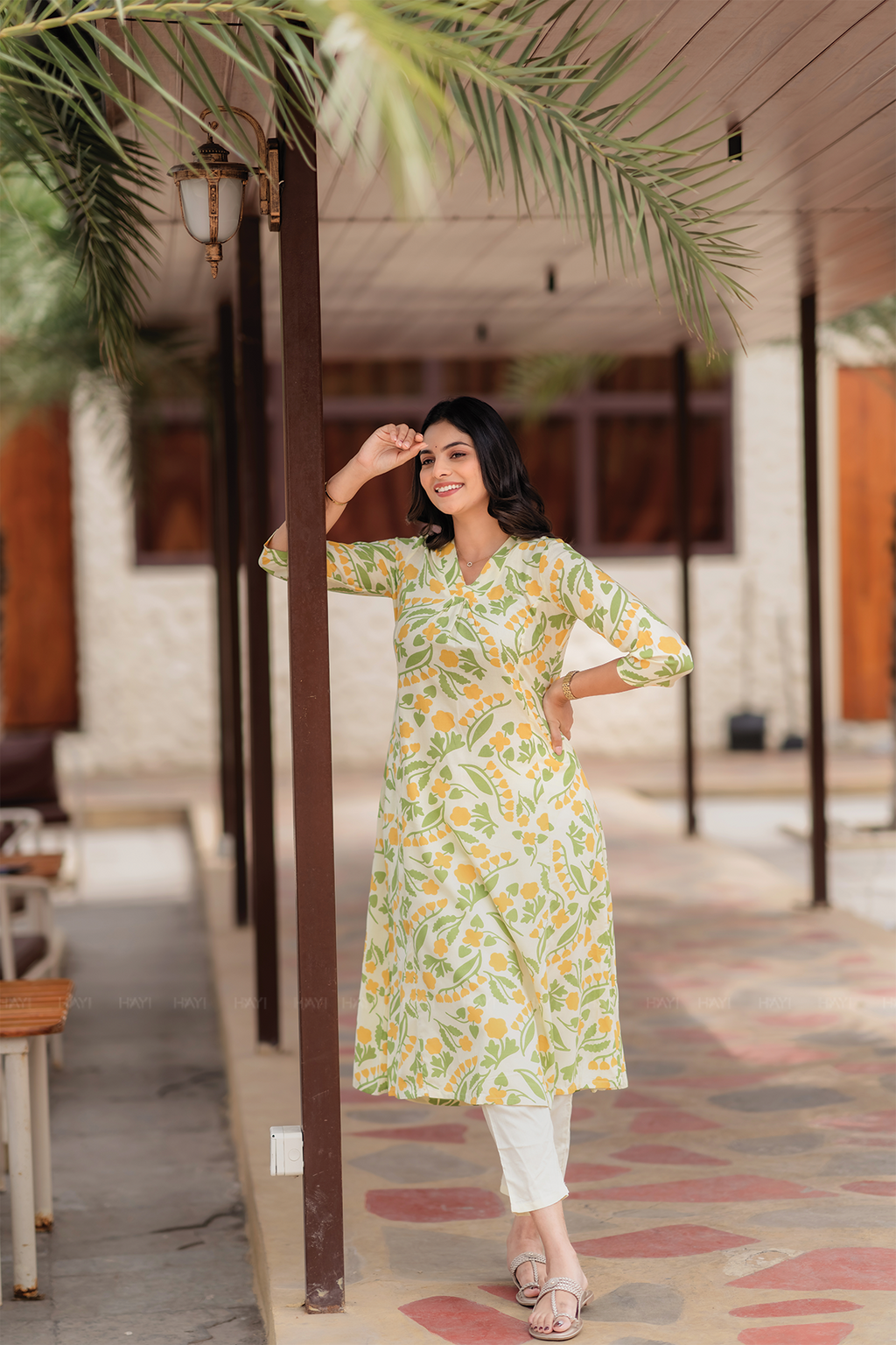 Spring Light Yellow Viscose Co-ord with V-Neckline Floral Print & 3/4th Sleeves