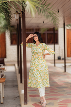 Spring Light Yellow Viscose Co-ord with V-Neckline Floral Print & 3/4th Sleeves