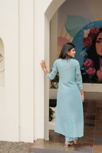 Bloomscape Blue Viscose Co-ord with Boat Neck & 3/4th Sleeves