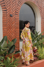 Shadow Leaf Yellow Silk Blend Co-ord with Chinese Collar Neck & 3/4th Sleeves