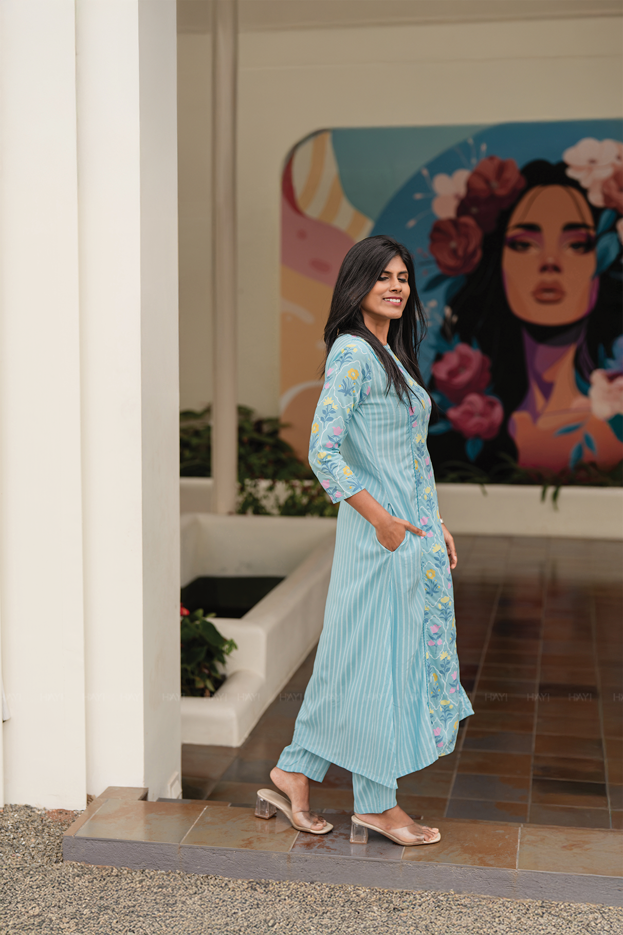 Bloomscape Blue Viscose Co-ord with Boat Neck & 3/4th Sleeves