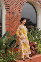 Shadow Leaf Yellow Silk Blend Co-ord with Chinese Collar Neck & 3/4th Sleeves