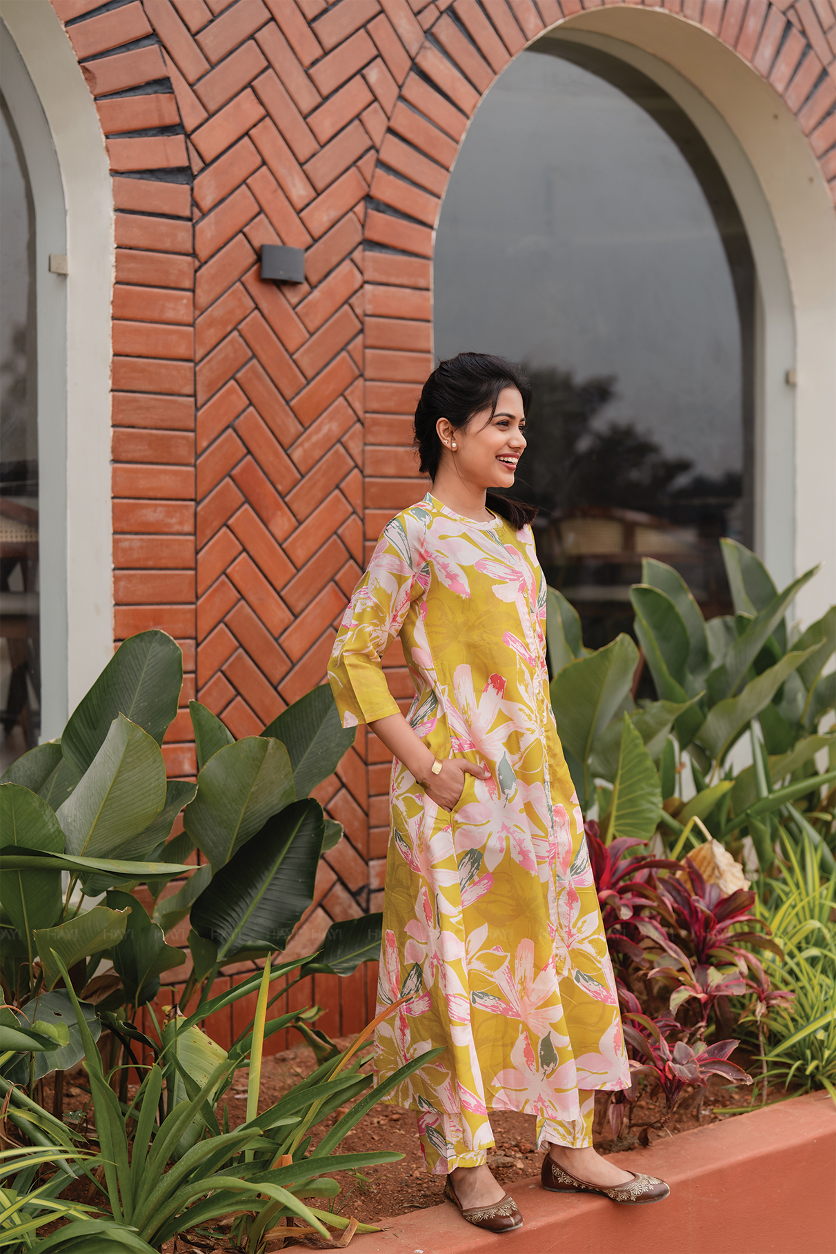 Shadow Leaf Yellow Silk Blend Co-ord with Chinese Collar Neck & 3/4th Sleeves