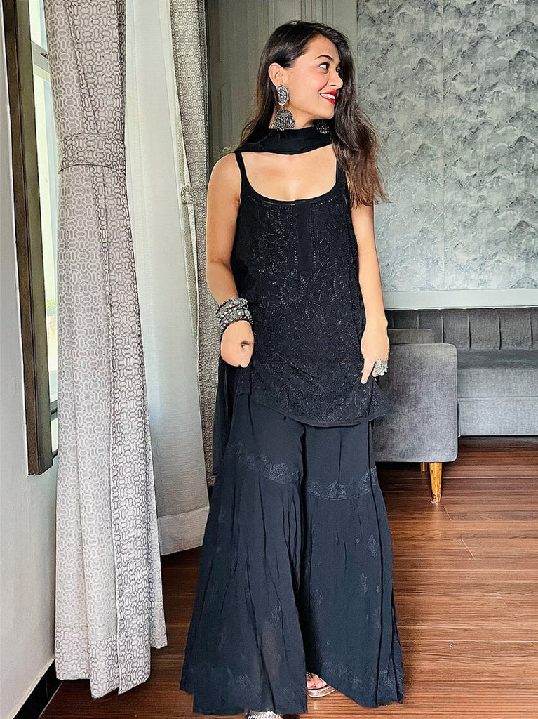Anvi Black Chikankari Gharara Set