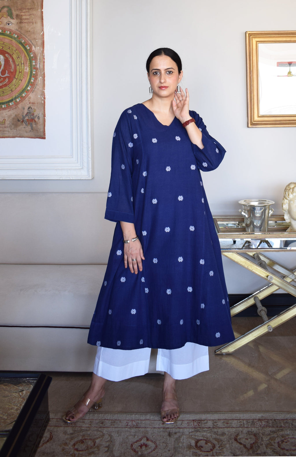 Midnight Blue Jamdani Phiran with White pyjama