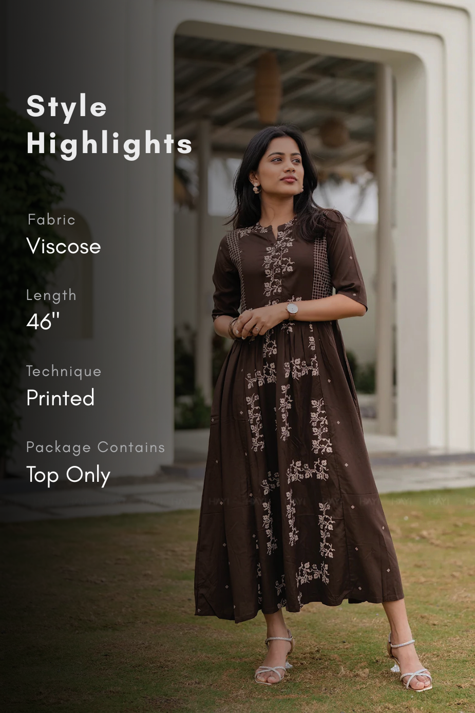 Caramel Flora Brown Viscose Dress with Chinese Collar Neck & Elbow Sleeves