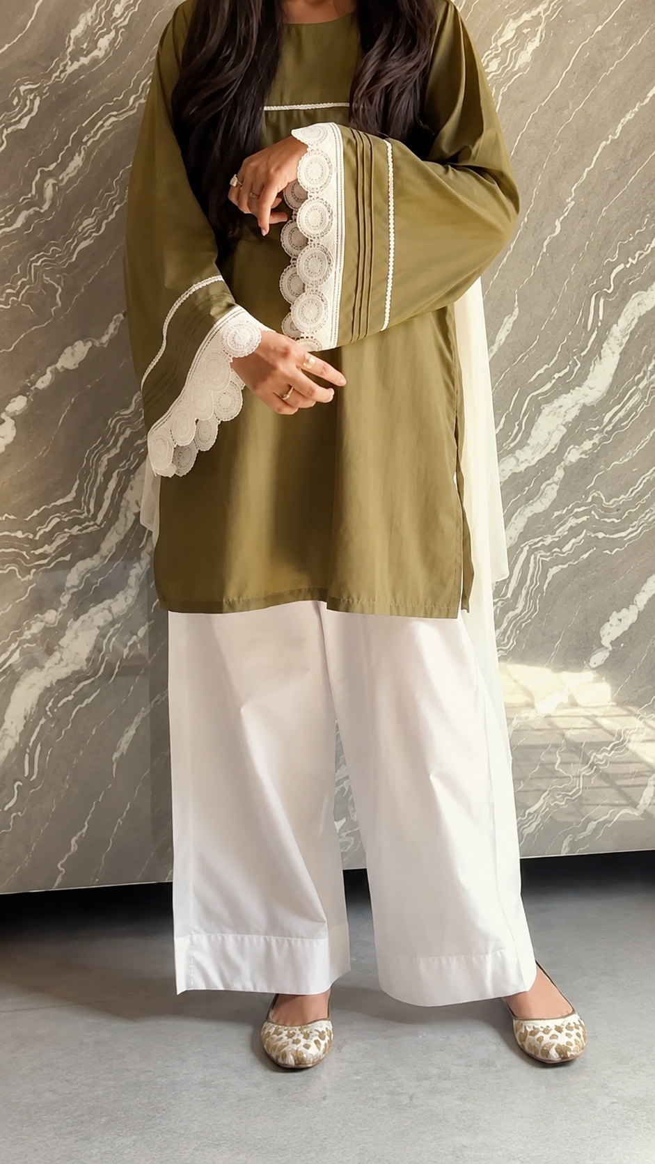 Aaira Olive Lace Detail Tunic Palazzo Set