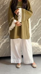 Aaira Olive Lace Detail Tunic Palazzo Set