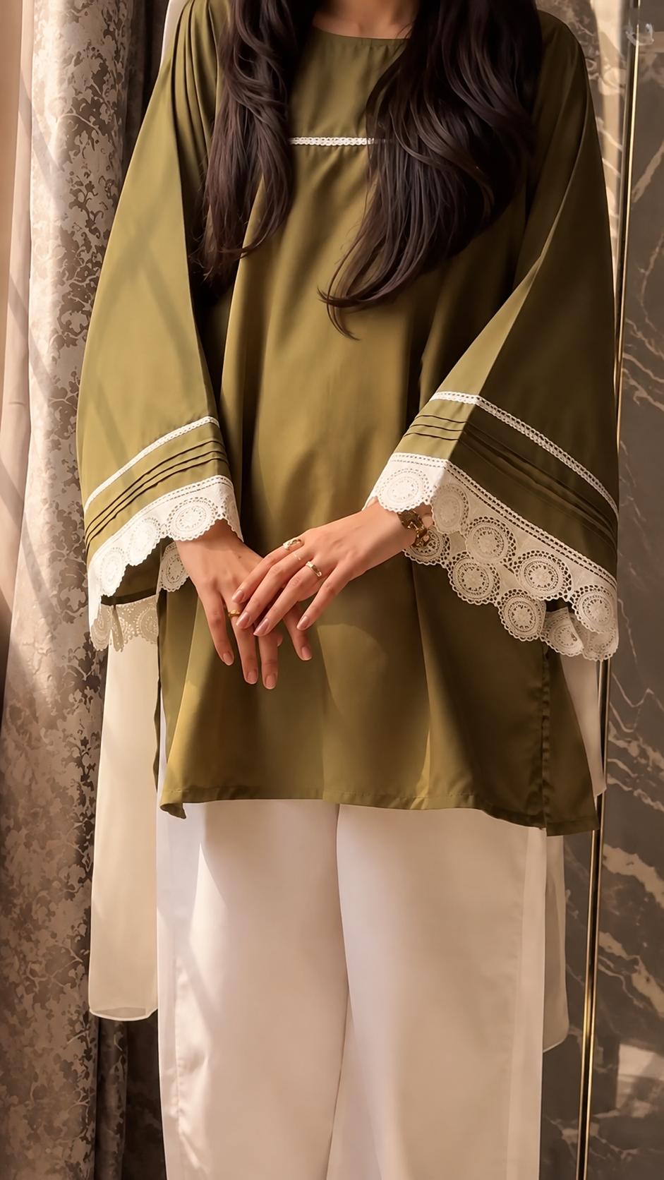 Aaira Olive Lace Detail Tunic Palazzo Set