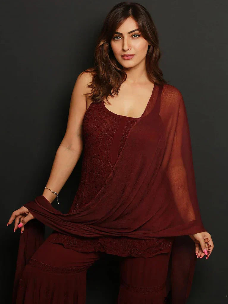 Meera Chocolate Brown Chikankari Gharara Set