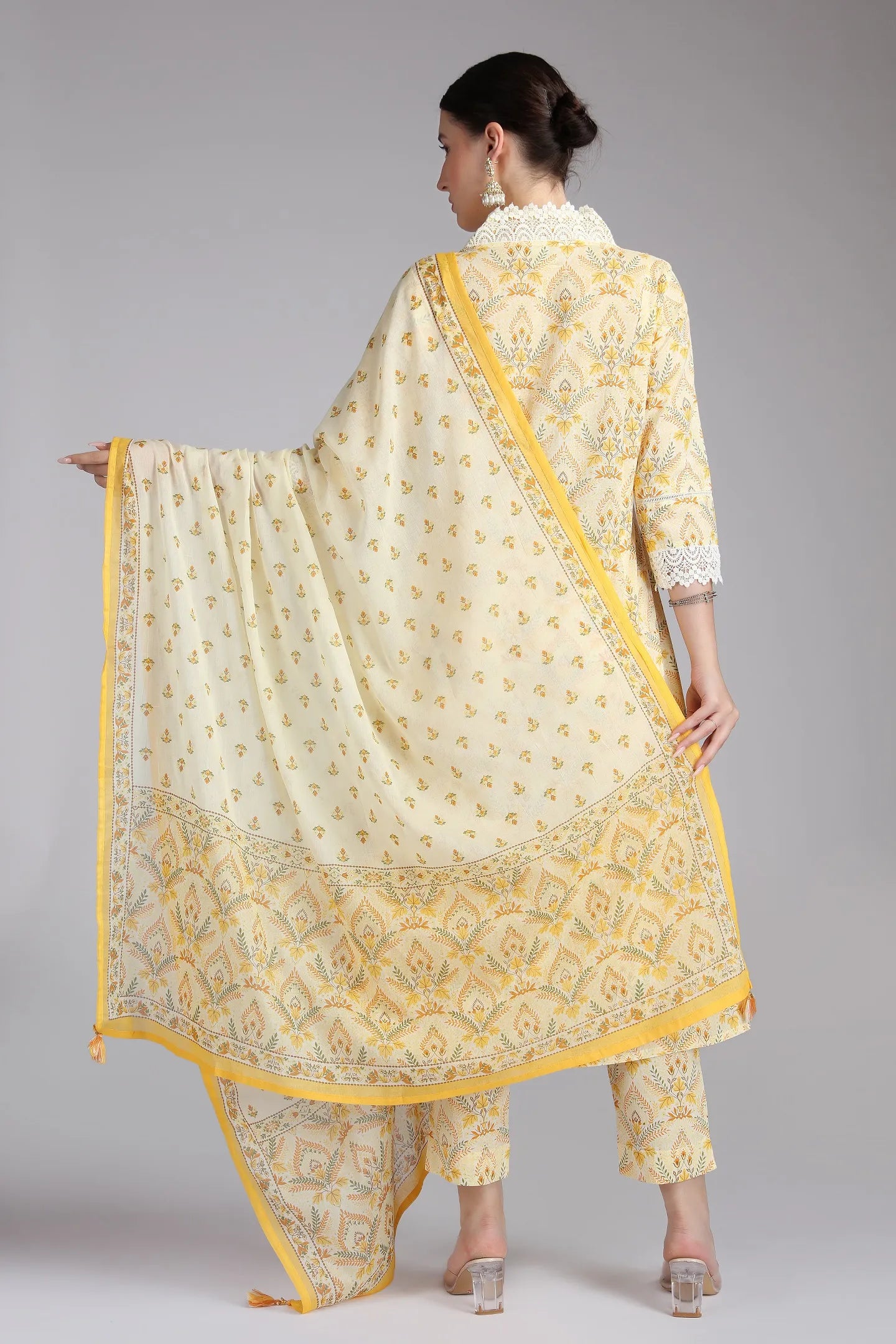 Cream Cotton Printed A Line Kurta Pant and Dupatta Suit Set