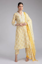 Cream Cotton Printed A Line Kurta Pant and Dupatta Suit Set