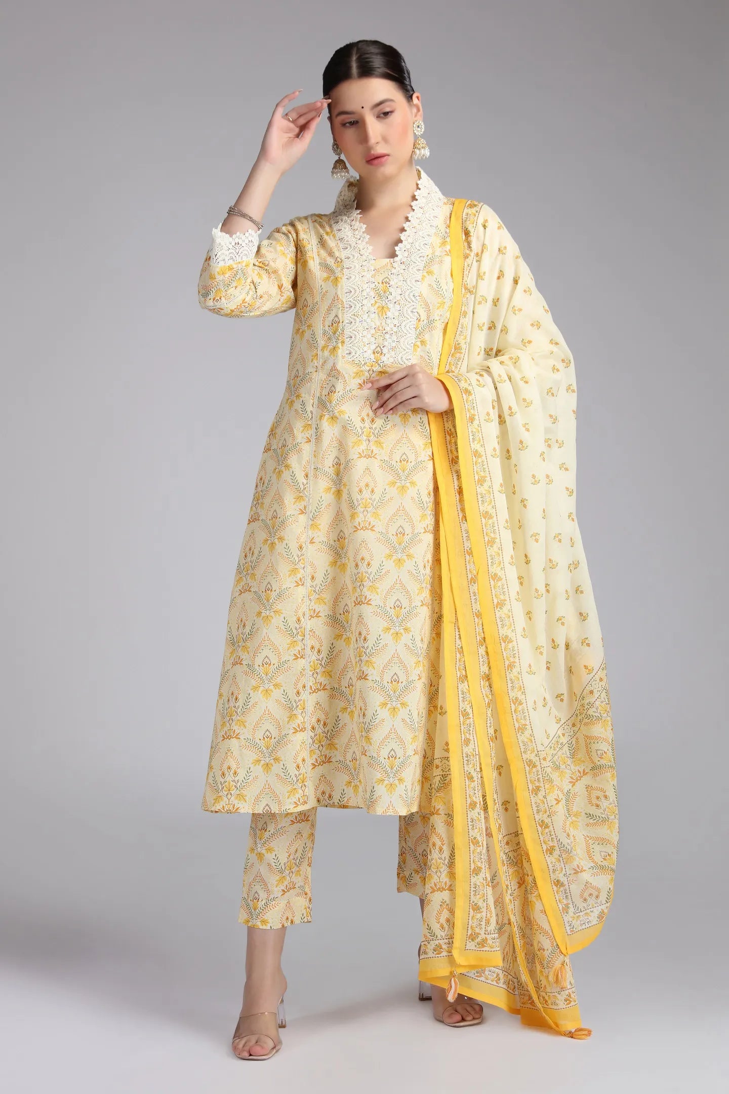 Cream Cotton Printed A Line Kurta Pant and Dupatta Suit Set