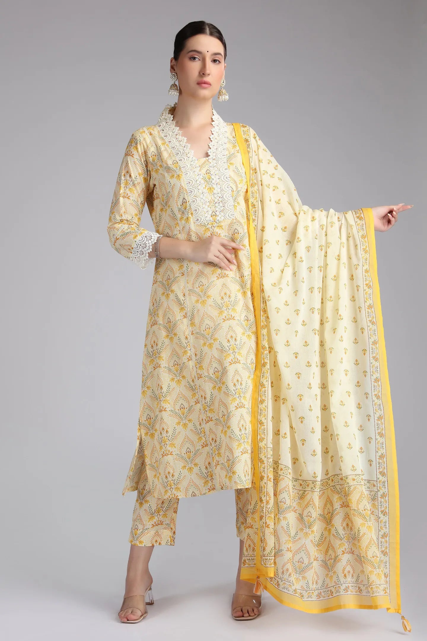 Cream Cotton Printed A Line Kurta Pant and Dupatta Suit Set