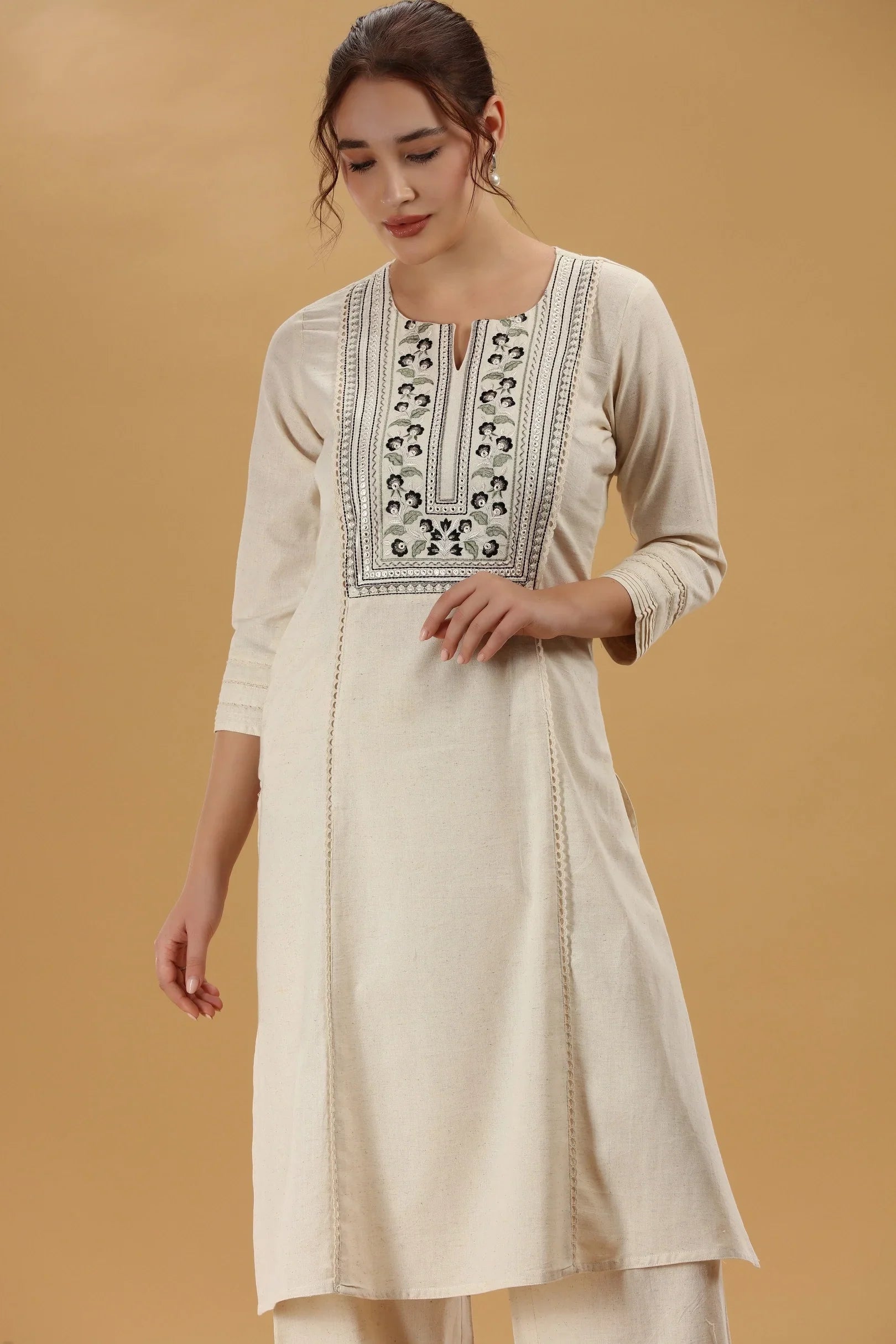 Cream Embroidered Flex Cotton Straight Kurta