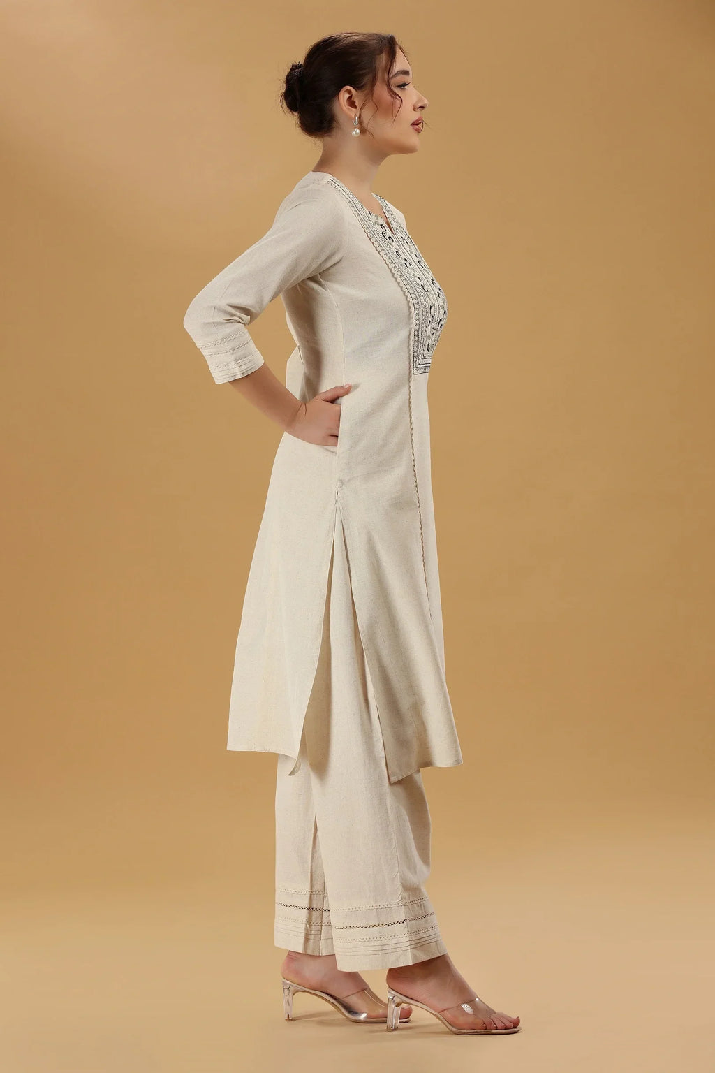 Cream Embroidered Flex Cotton Straight Kurta
