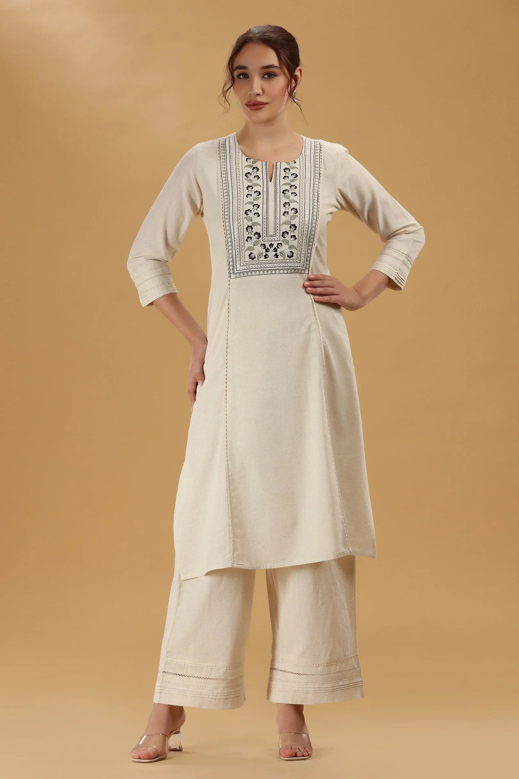 Cream Embroidered Flex Cotton Straight Kurta