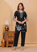 Black Embroidered Rayon Kurta and Pant Set