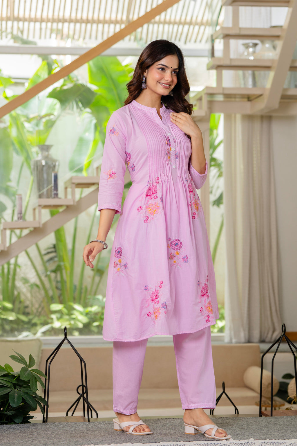 Pink Embroidered Printx Work Cotton Co-Ord Set