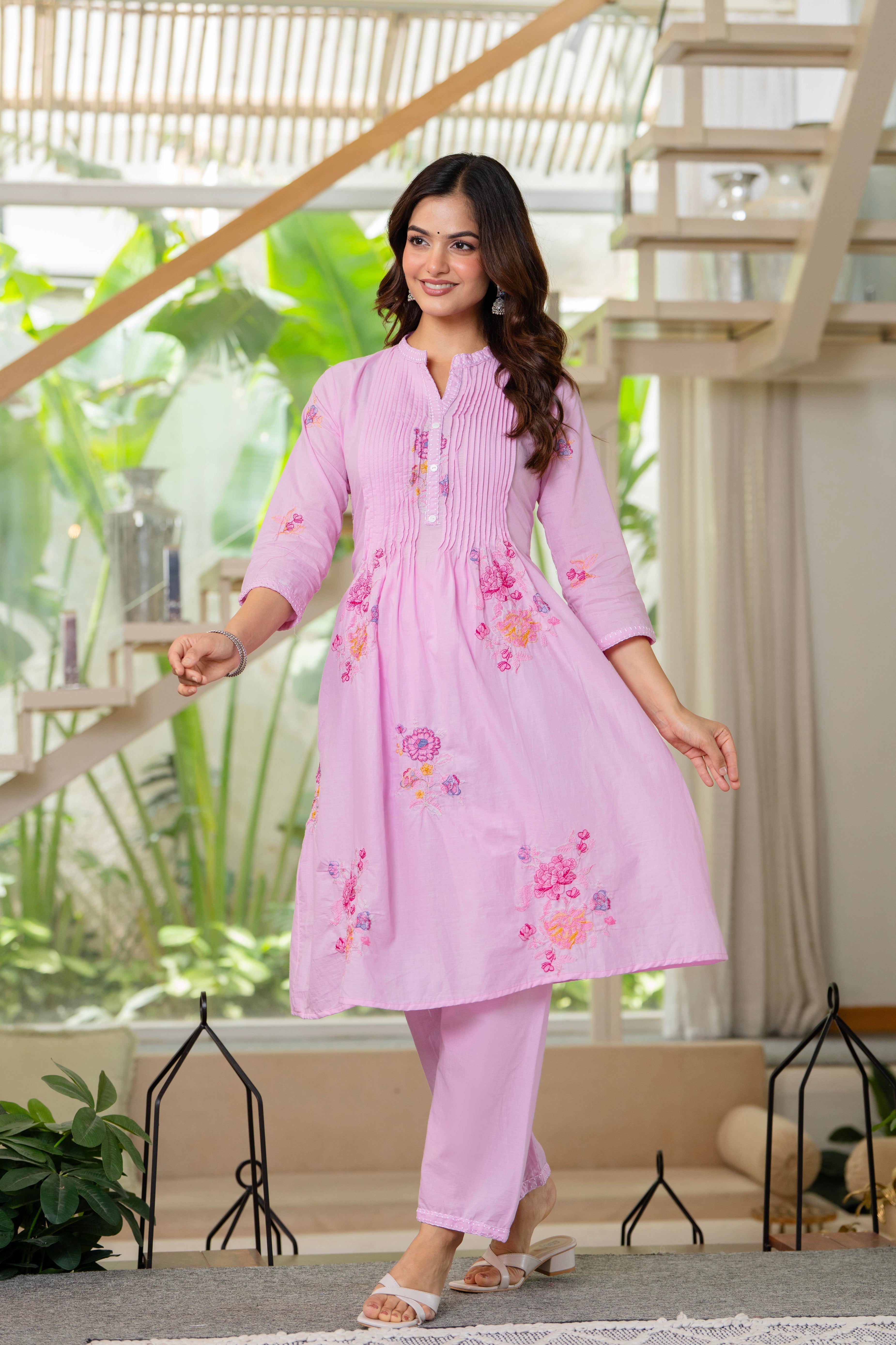 Pink Embroidered Printx Work Cotton Co-Ord Set