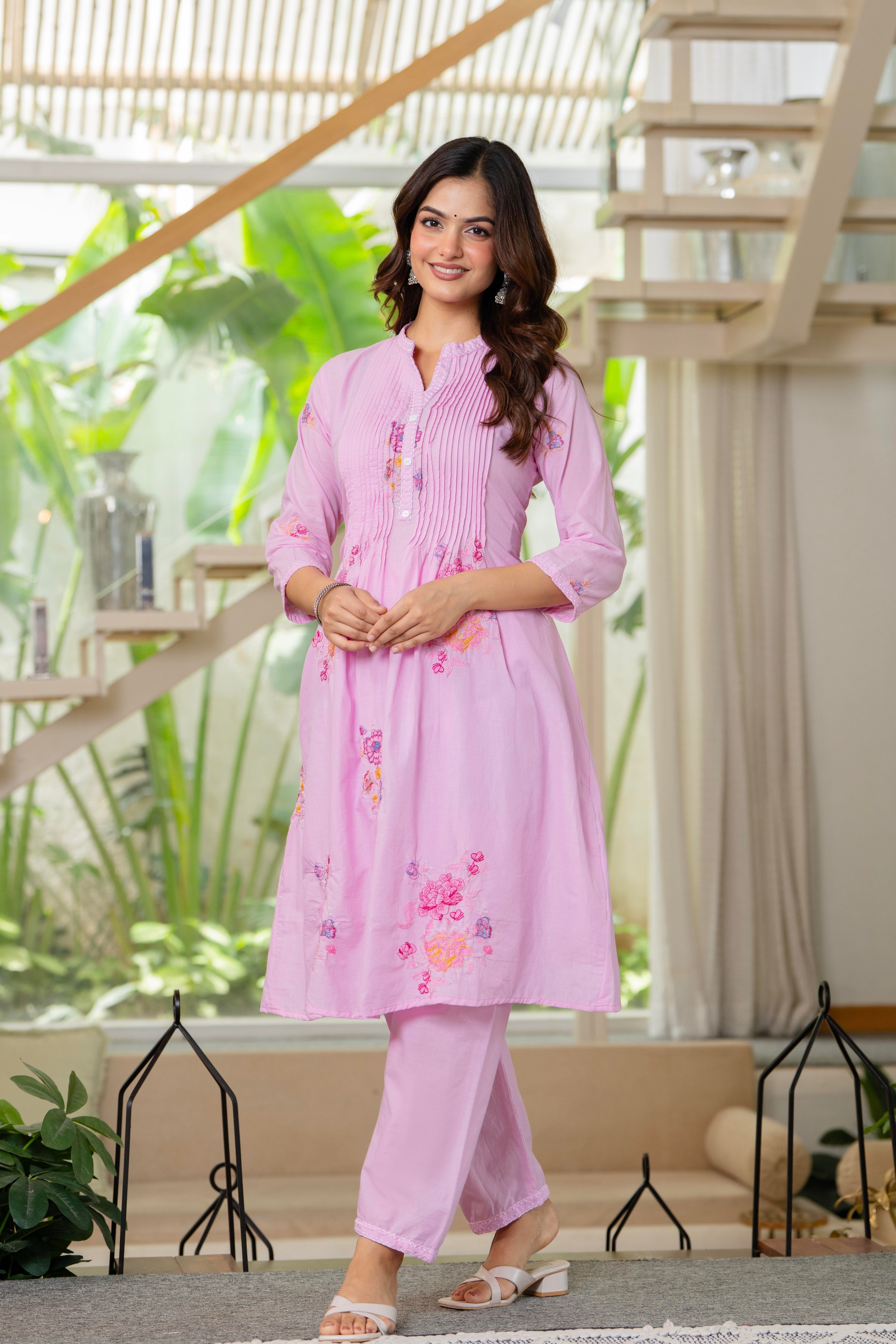 Pink Embroidered Printx Work Cotton Co-Ord Set
