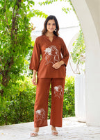 Brown Rust Embroidered Cotton Slub Co-Ord Set